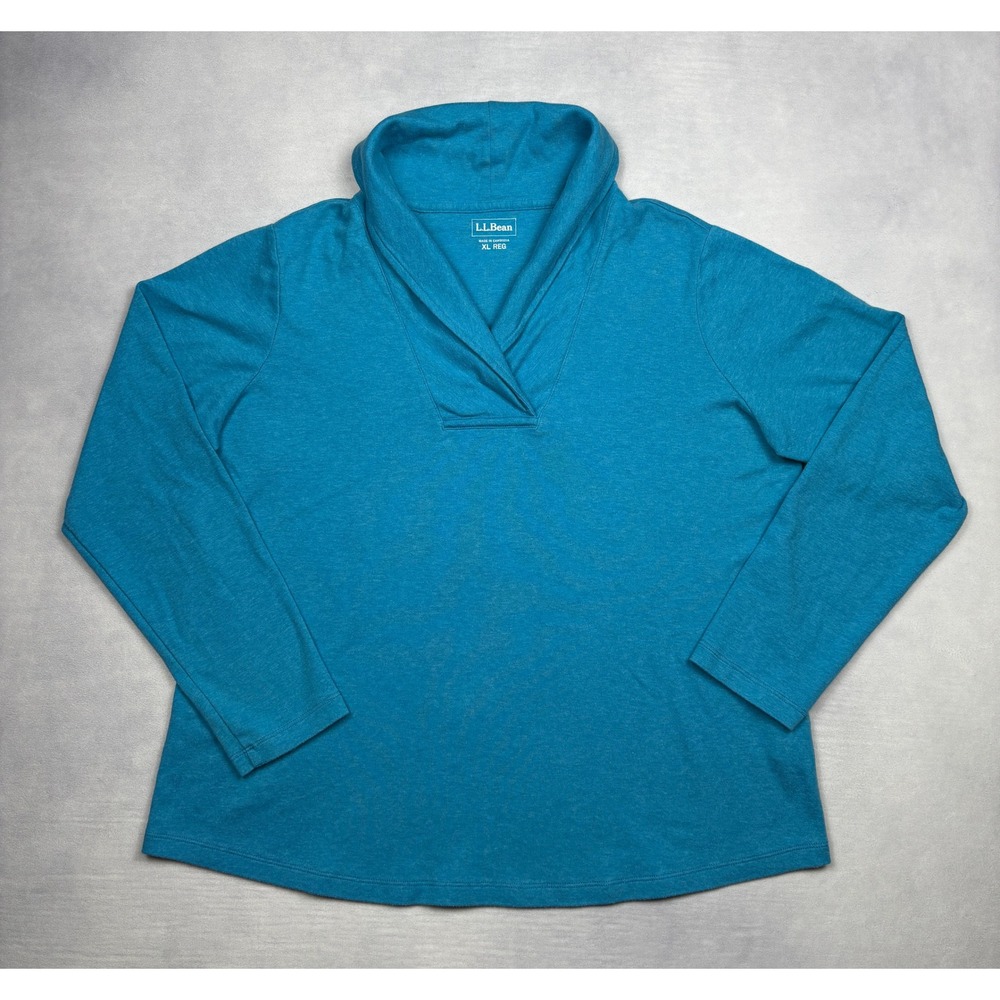 LL Bean Womens XL Regular Teal Blue Cotton‎ Shawl Neck Long Sleeve Top 290348